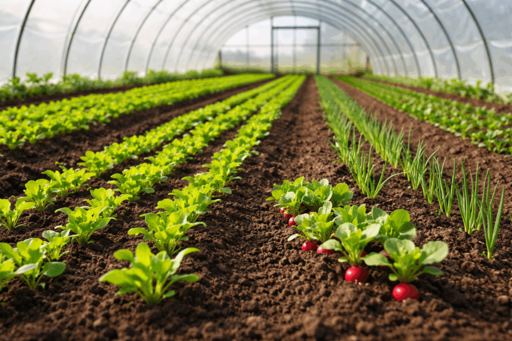 rasaduri de legume crescand in solar primavara in randuri salata ridichi si ceapa verde